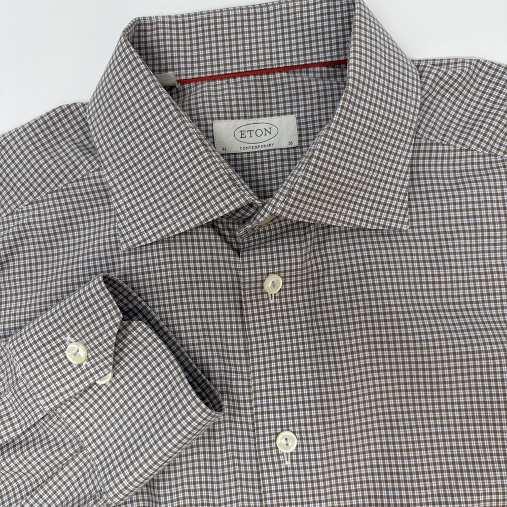 Eton Contemporary Fit Dress Shirt Brown White Micro Check Cotton Mens 16 41